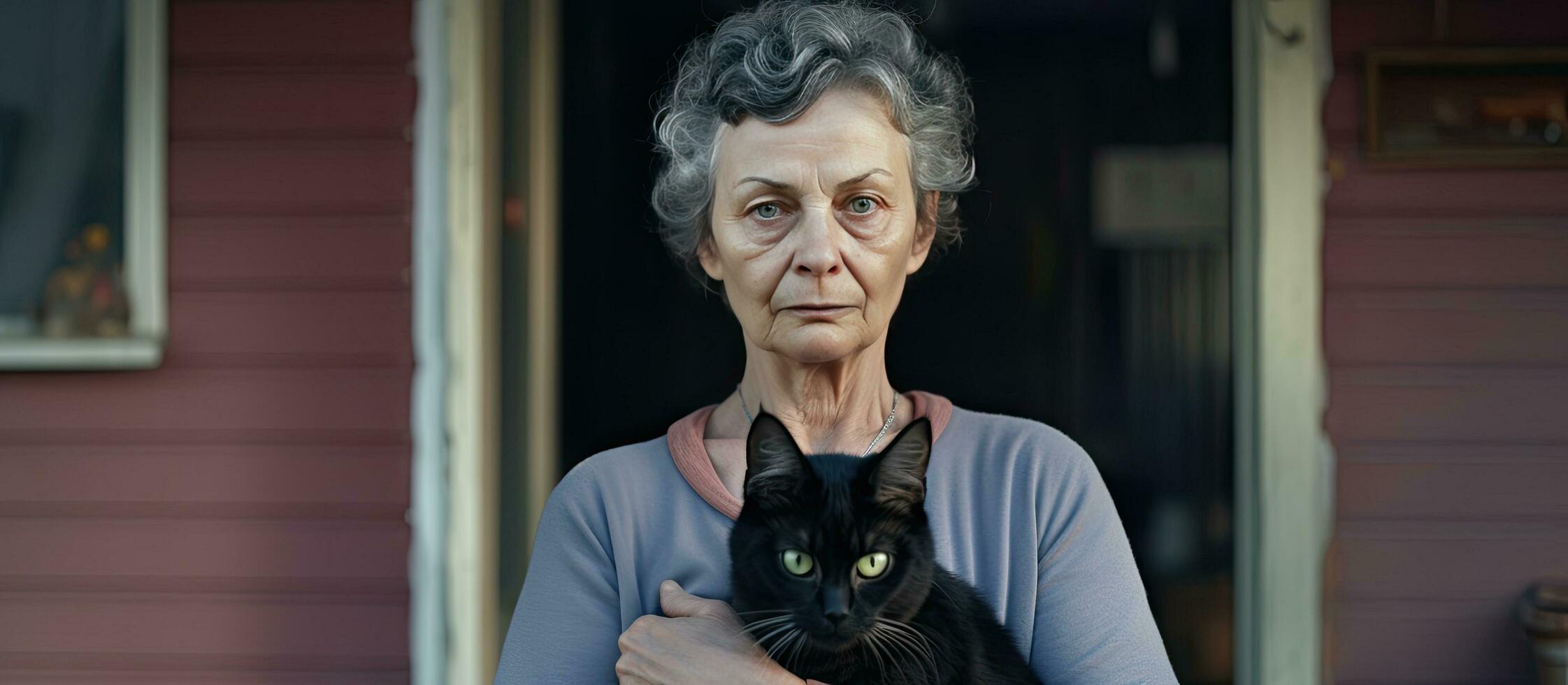 ouderen vrouw met kat alleen Bij huis tonen tekens van Dementie en depressie foto