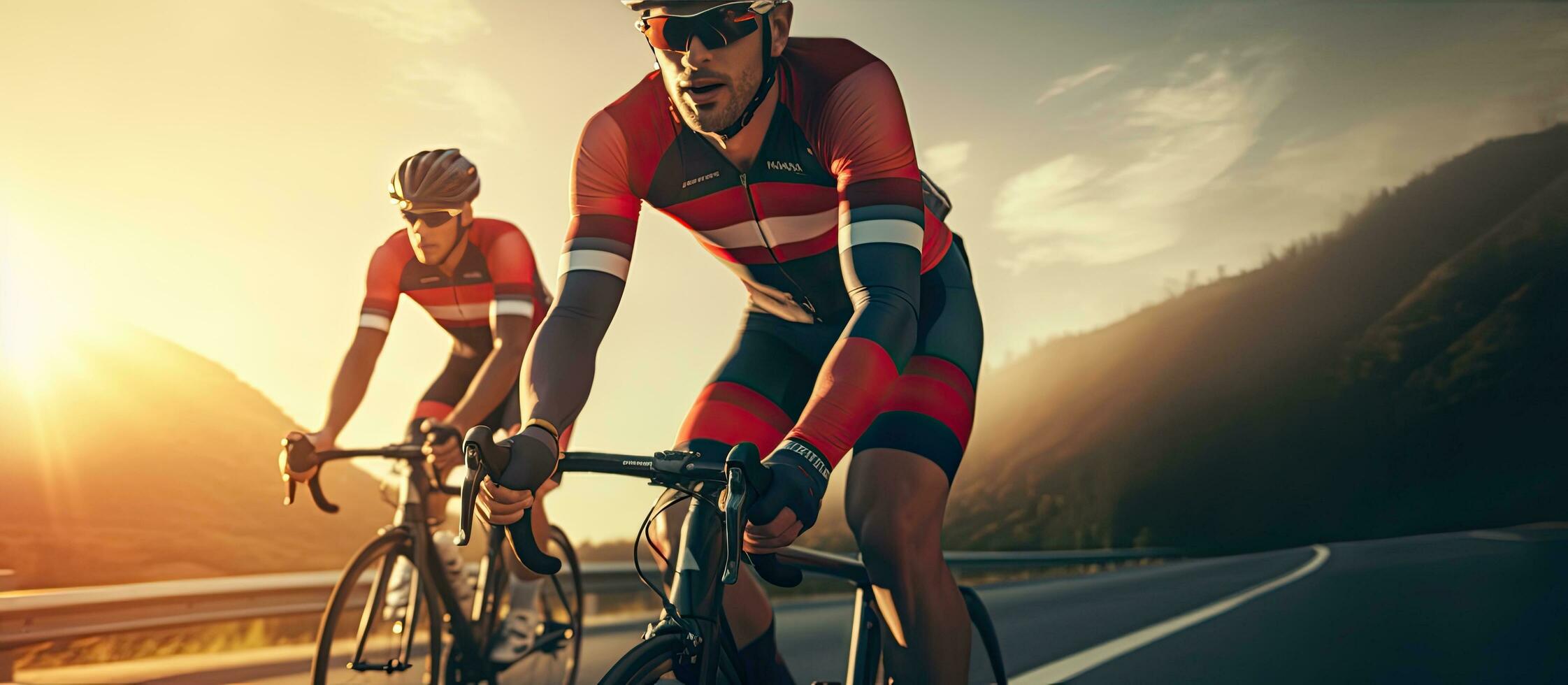 fietsers Aan racing Fietsen met helmen nemen een breken Aan de snelweg foto