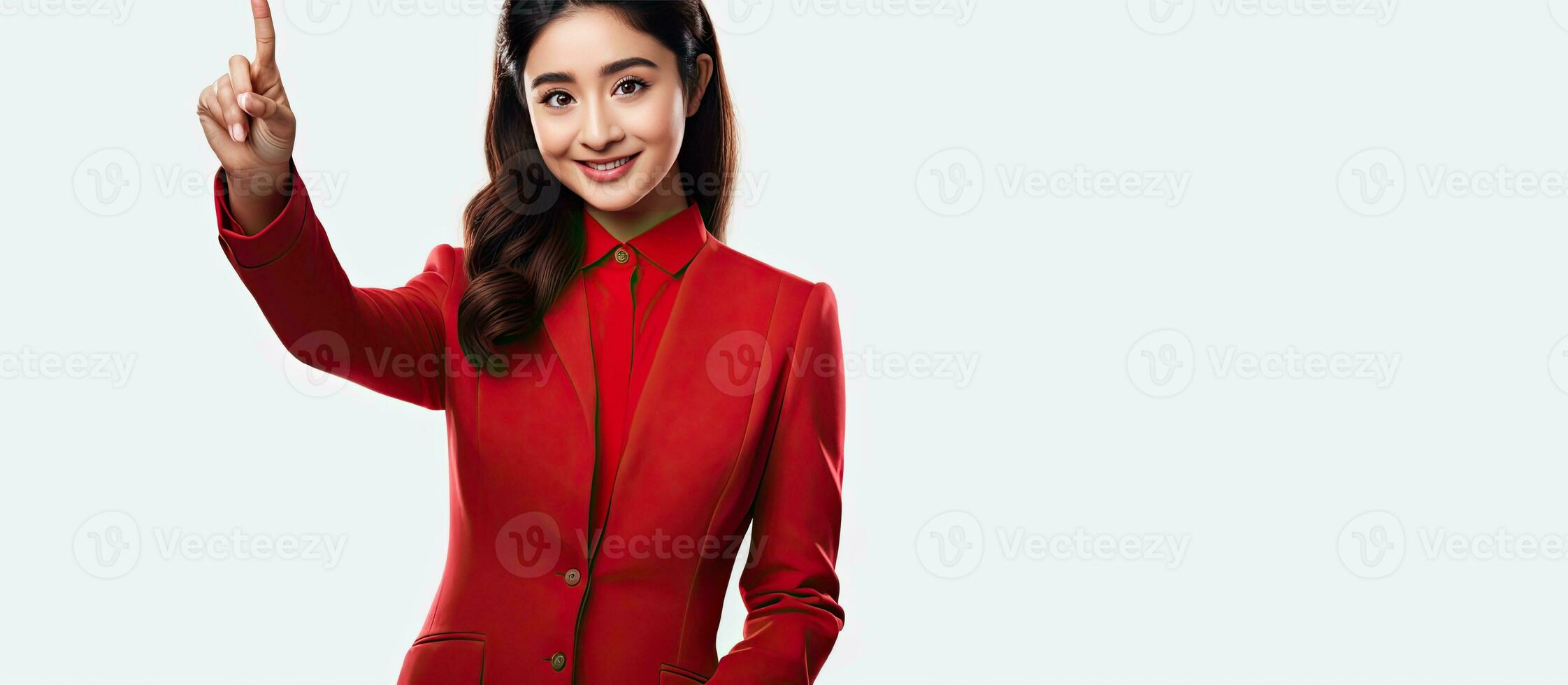 mooi Aziatisch vrouw vervelend rood kleding presenteren iets geïsoleerd Aan wit achtergrond foto