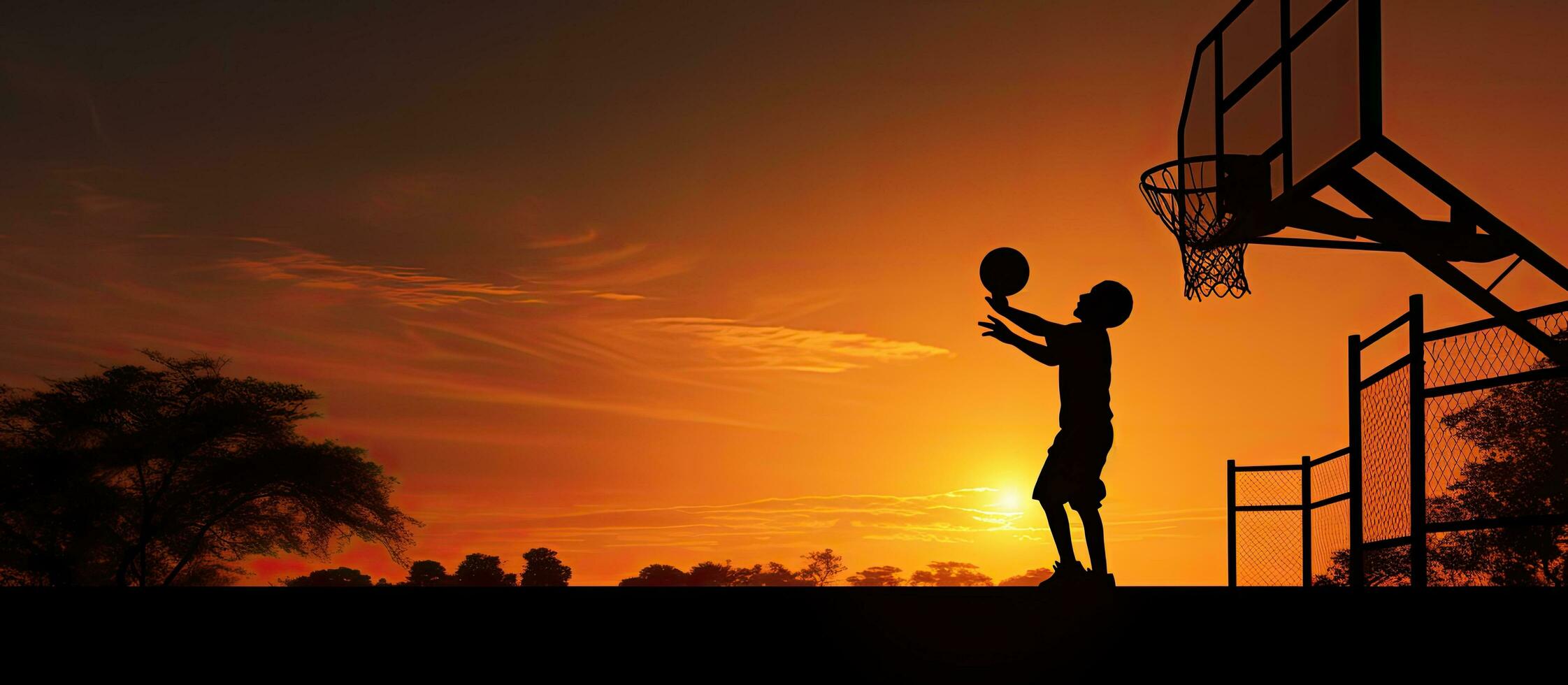 tiener mannetje spelen basketbal Bij zonsondergang schaduw met ruimte voor tekst foto