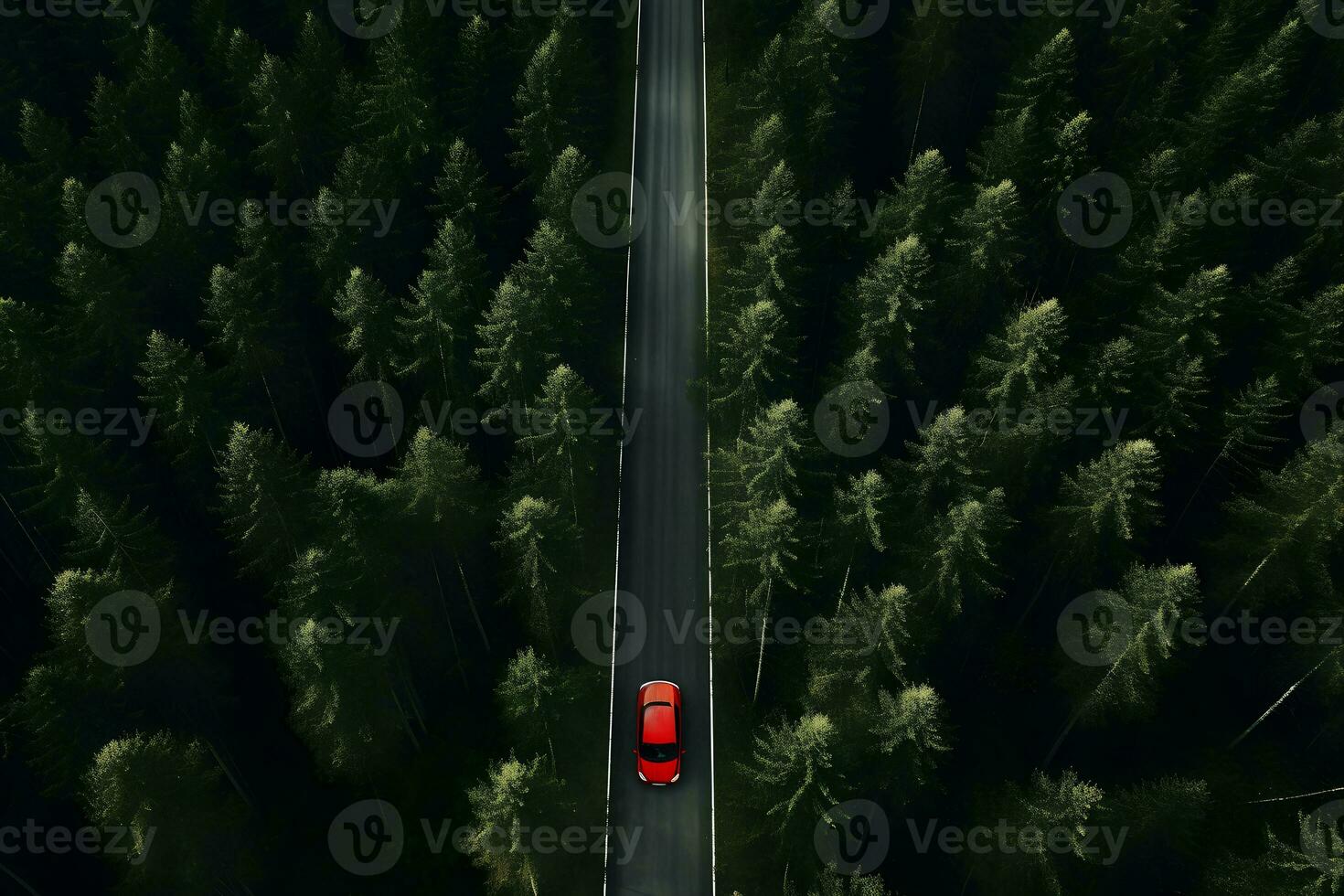 weg door de groen Woud, antenne visie rood auto rit gaan door Woud, antenne top visie Woud, ai genereren foto