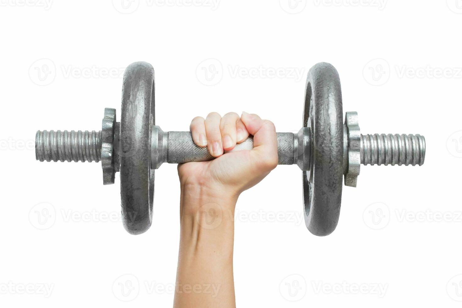 dichtbij omhoog hand- mannen training halter Aan wit achtergrond. foto