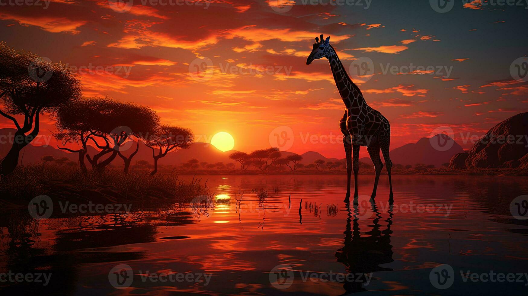 vredig Afrikaanse zonsondergang met giraffen. silhouet concept foto