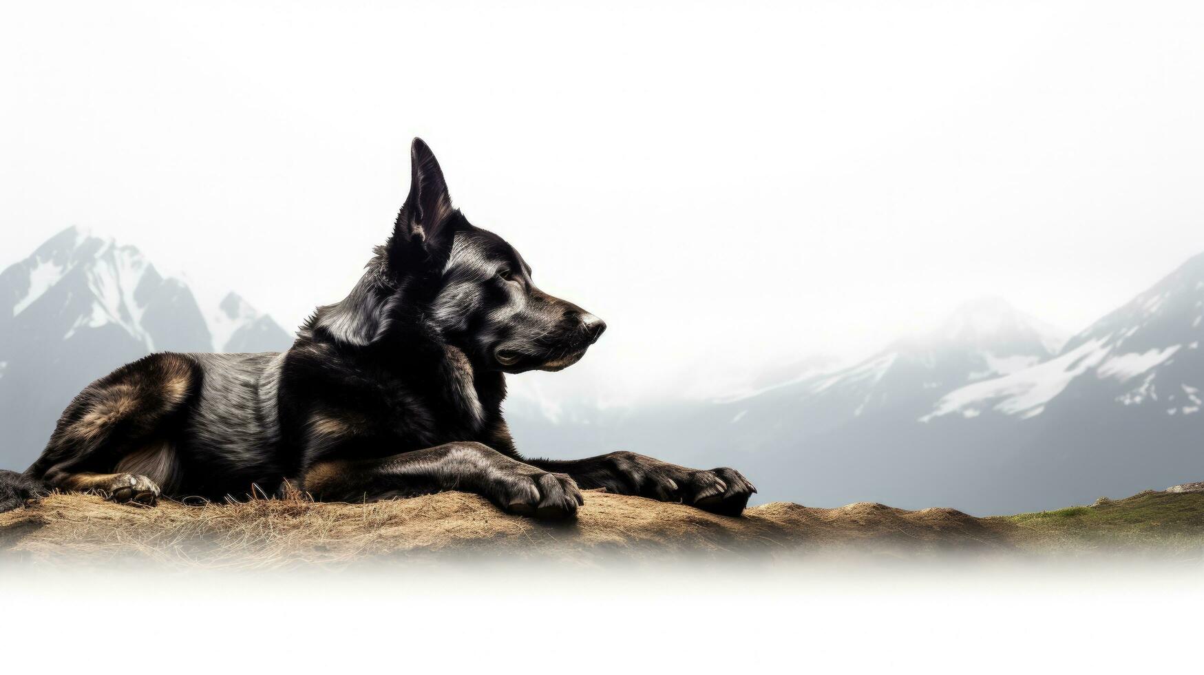 hond resting Aan een wit oppervlakte met een visie van bergen. silhouet concept foto