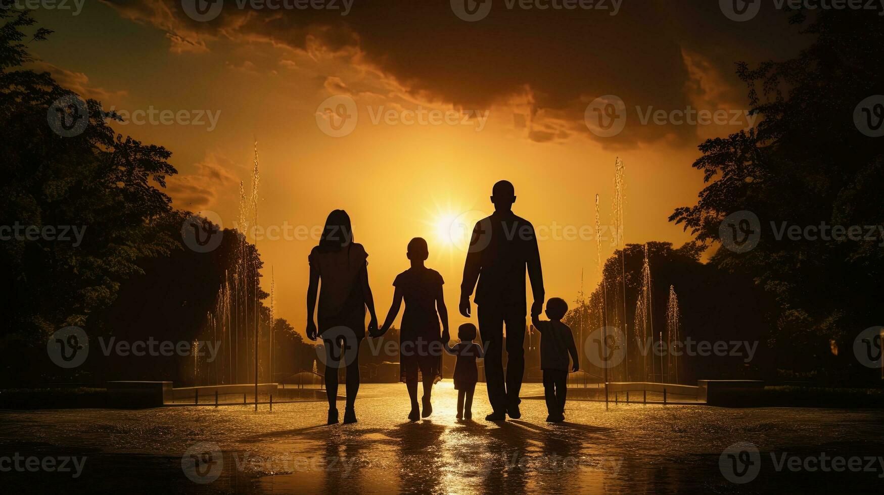 familie wandelen naar water voorzien zijn van. silhouet concept foto