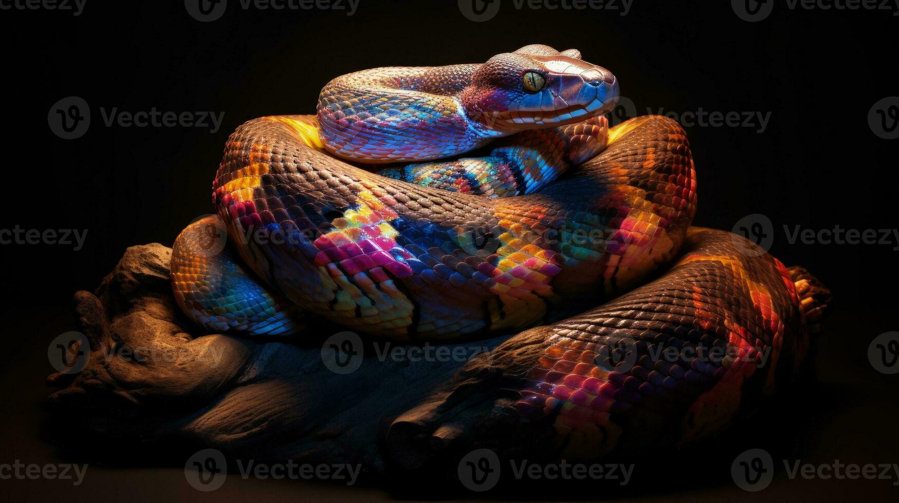 een groot Python met een betoverend patroon wacht voor prooi opgerold omhoog in knopen. silhouet concept foto