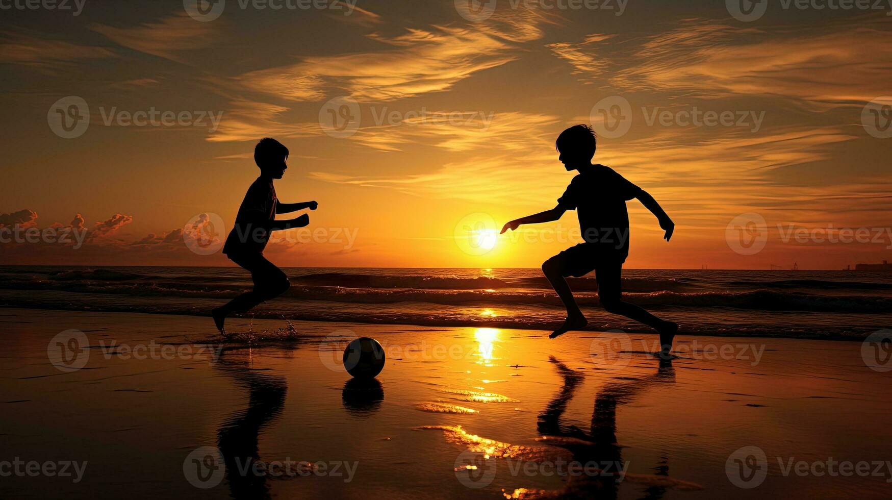 twee tieners spelen voetbal Aan de strand hun silhouetten zichtbaar foto