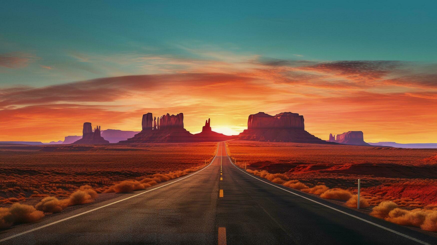 zonsopkomst Aan toneel- weg rubriek naar monument vallei park in Utah. silhouet concept foto