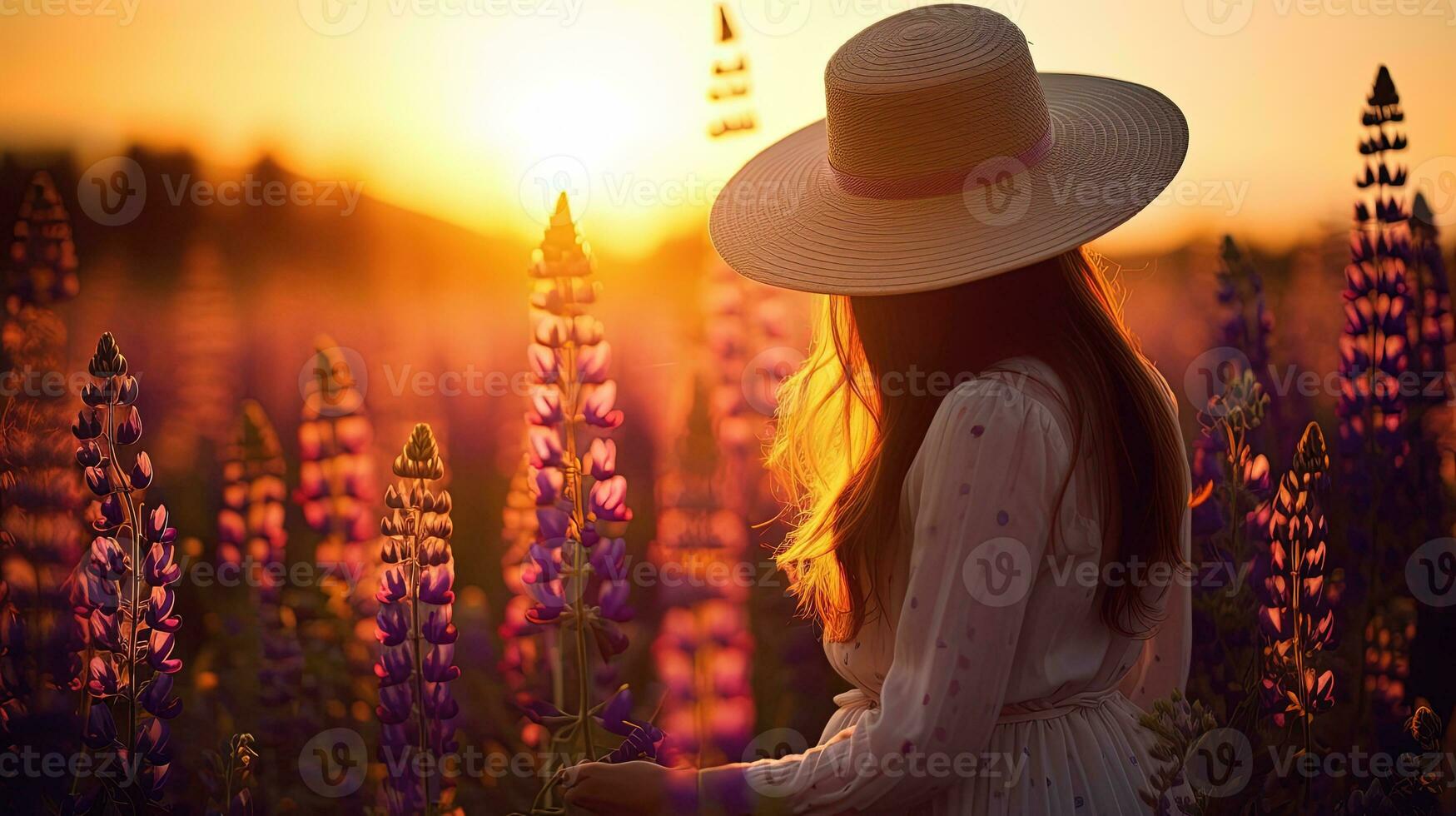 een meisje in een licht jurk en hoed wandelingen in een bloem veld- gevulde met kleurrijk lupines gedurende een zonnig zomer avond belichamen vrede en ontspanning van elke dag tr. silhouet concept foto