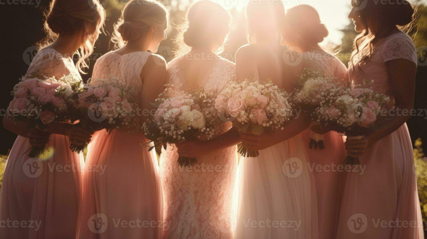 luxe bruiloft blog met bruidsmeisjes in roze en een mooi boeket beeltenis de concept van een zomer bruiloft. silhouet concept foto