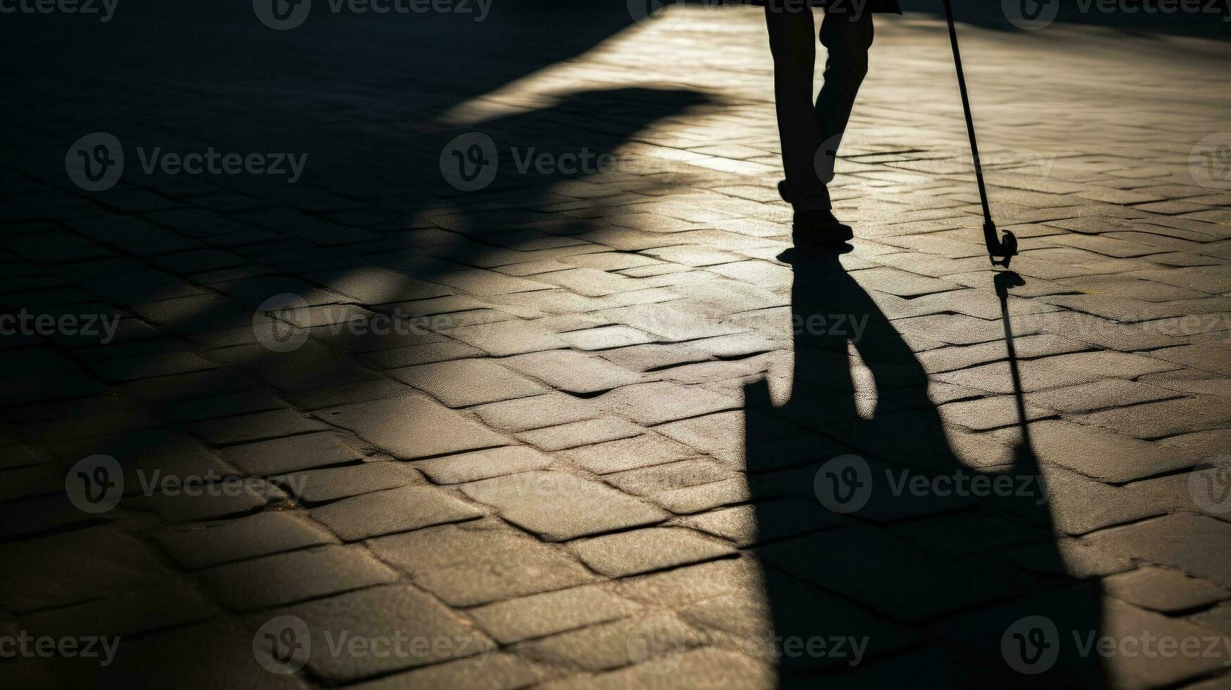 hinken persoon met riet schaduw Aan grond symboliseert onbekwaamheid oud leeftijd blindheid intens leven. silhouet concept foto