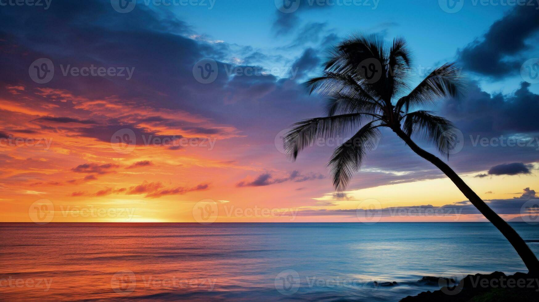 een palm boom silhouet tegen een levendig zonsondergang Aan kaanapali strand in Maui foto