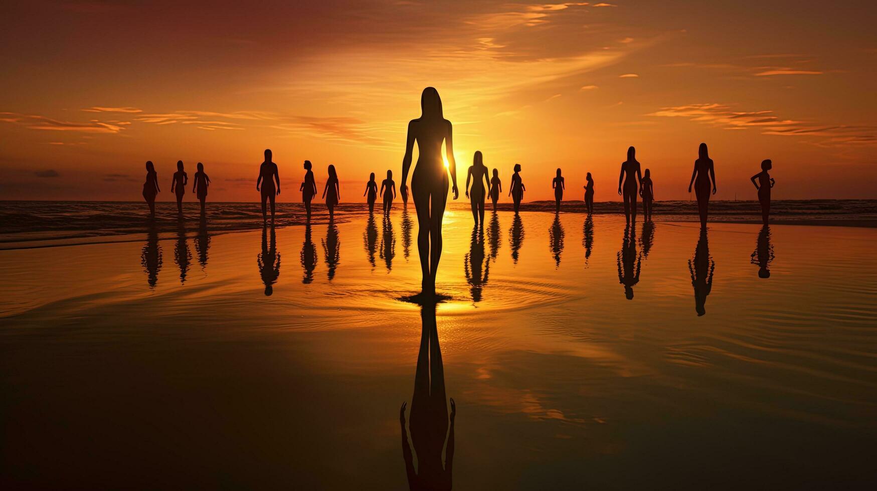 zonsondergang Aan de strand met schaduwen. silhouet concept foto