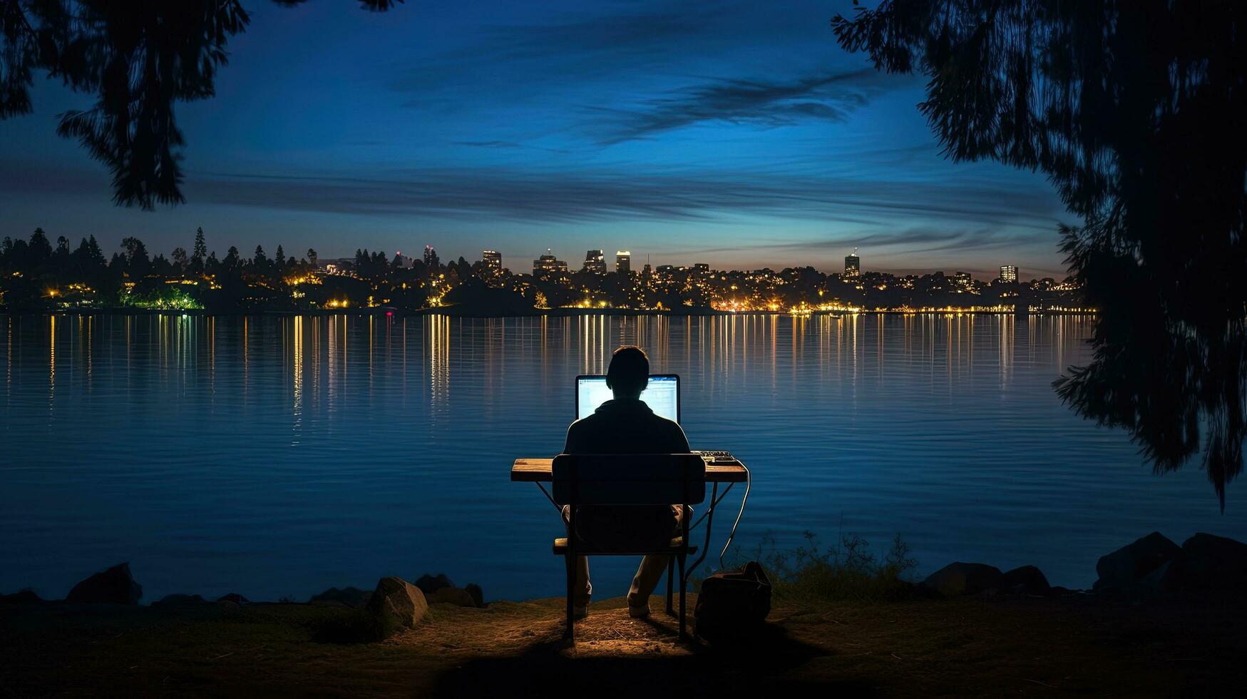 Mens zittend Aan meer merritt bank met laptop. silhouet concept foto