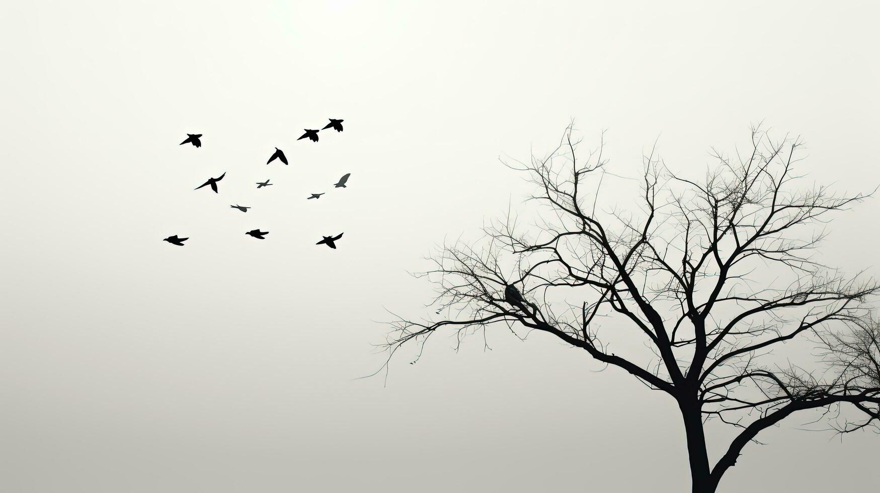 monochroom afbeelding van vogel schaduwen Aan boom takken. silhouet concept foto