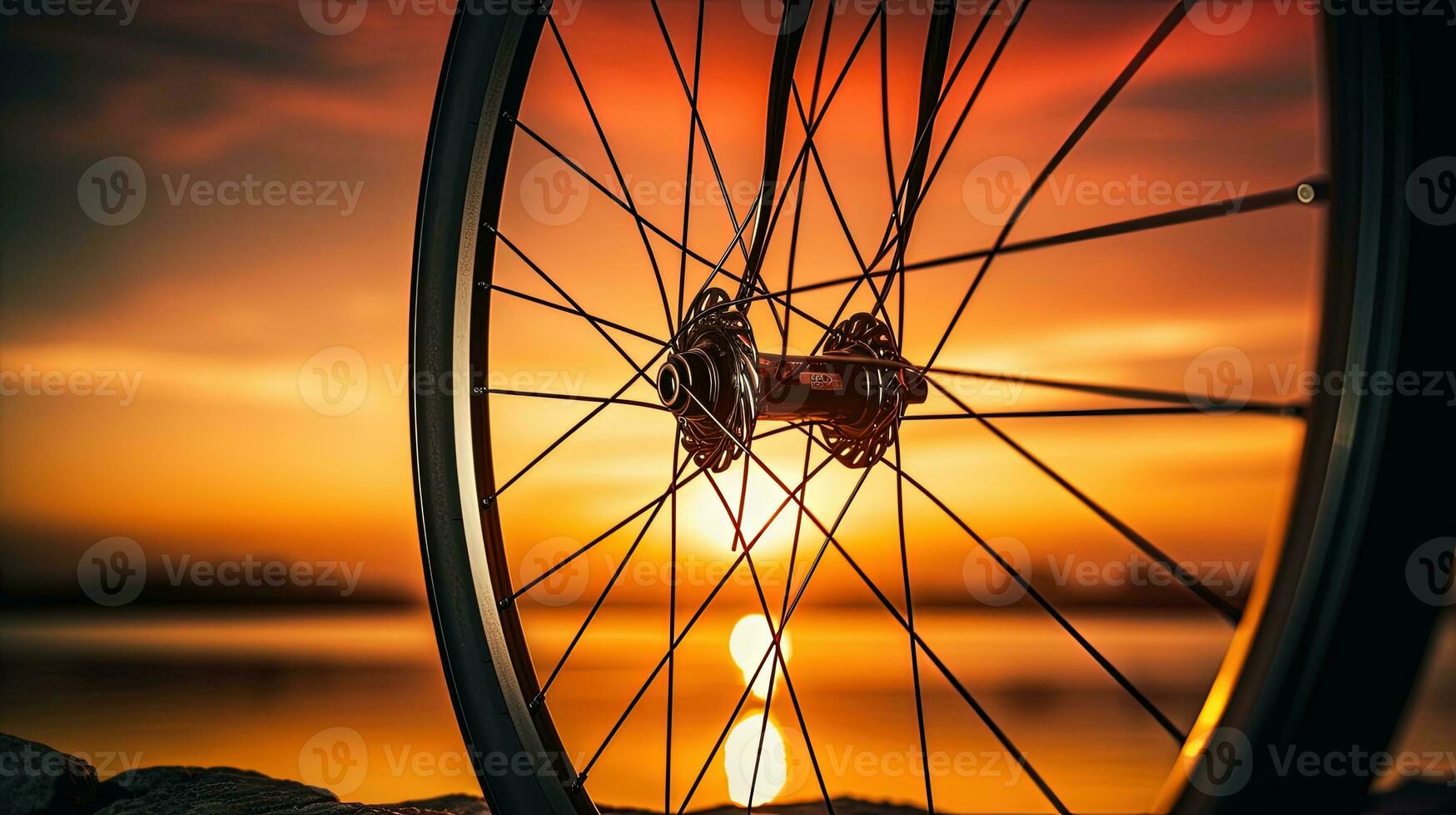 zonsondergang achtergrond met fiets wiel. silhouet concept foto