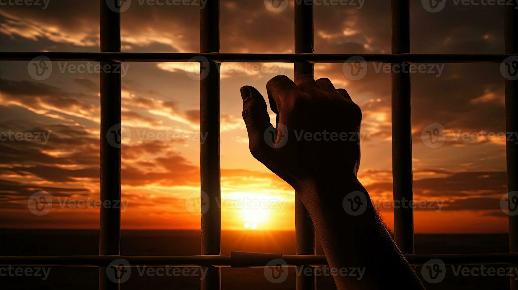 op zoek naar vrijheid hand- grepen gevangenis bars. silhouet concept foto