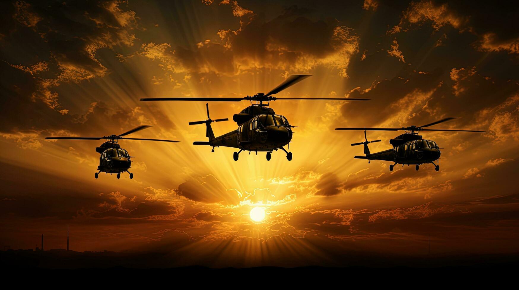 vijf leger helicopters aftekenen tegen een gouden zonsondergang lucht foto