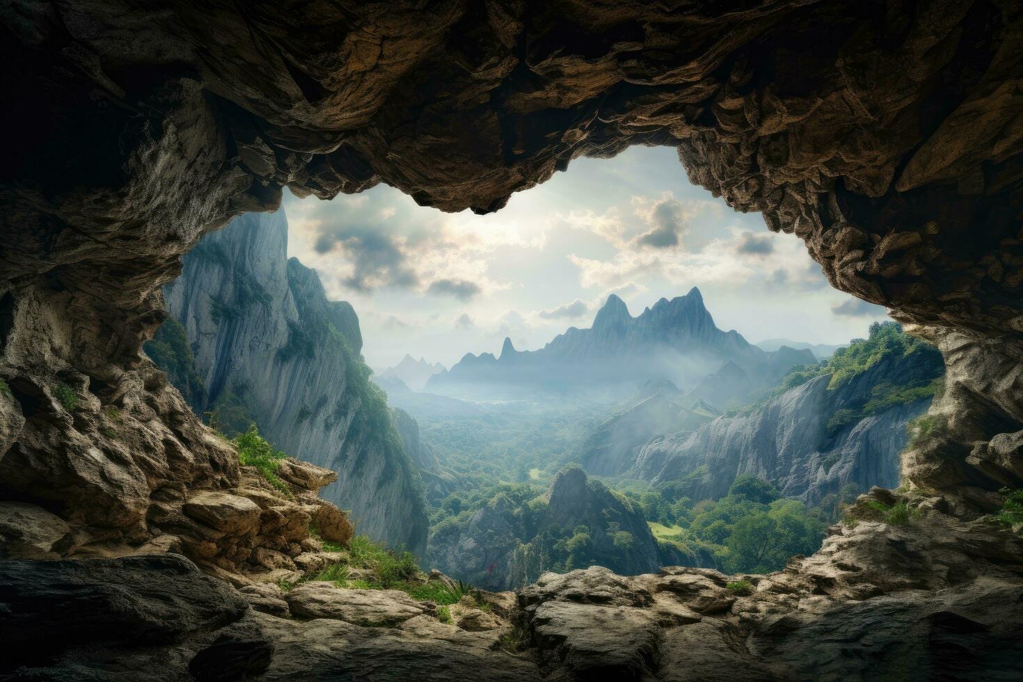 panoramisch visie van de vallei van de grot. berg landschap, mooi bergtop landschap visie van een groot grot, ai gegenereerd foto