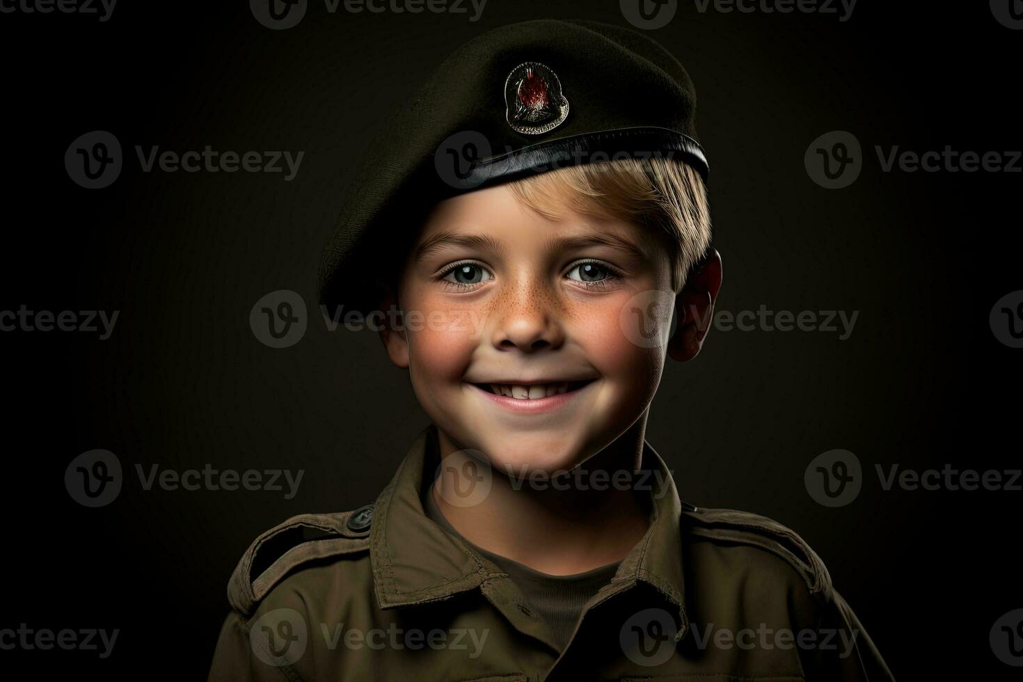 portret van een schattig weinig jongen in leger uniform Aan donker achtergrond ai gegenereerd foto