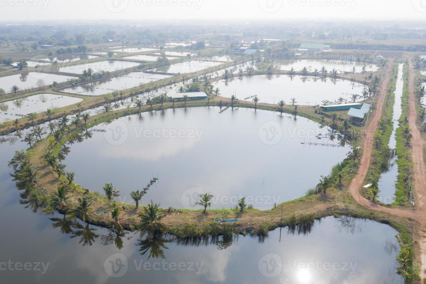 luchtfoto van vliegende drone van visvijver, viskwekerij foto