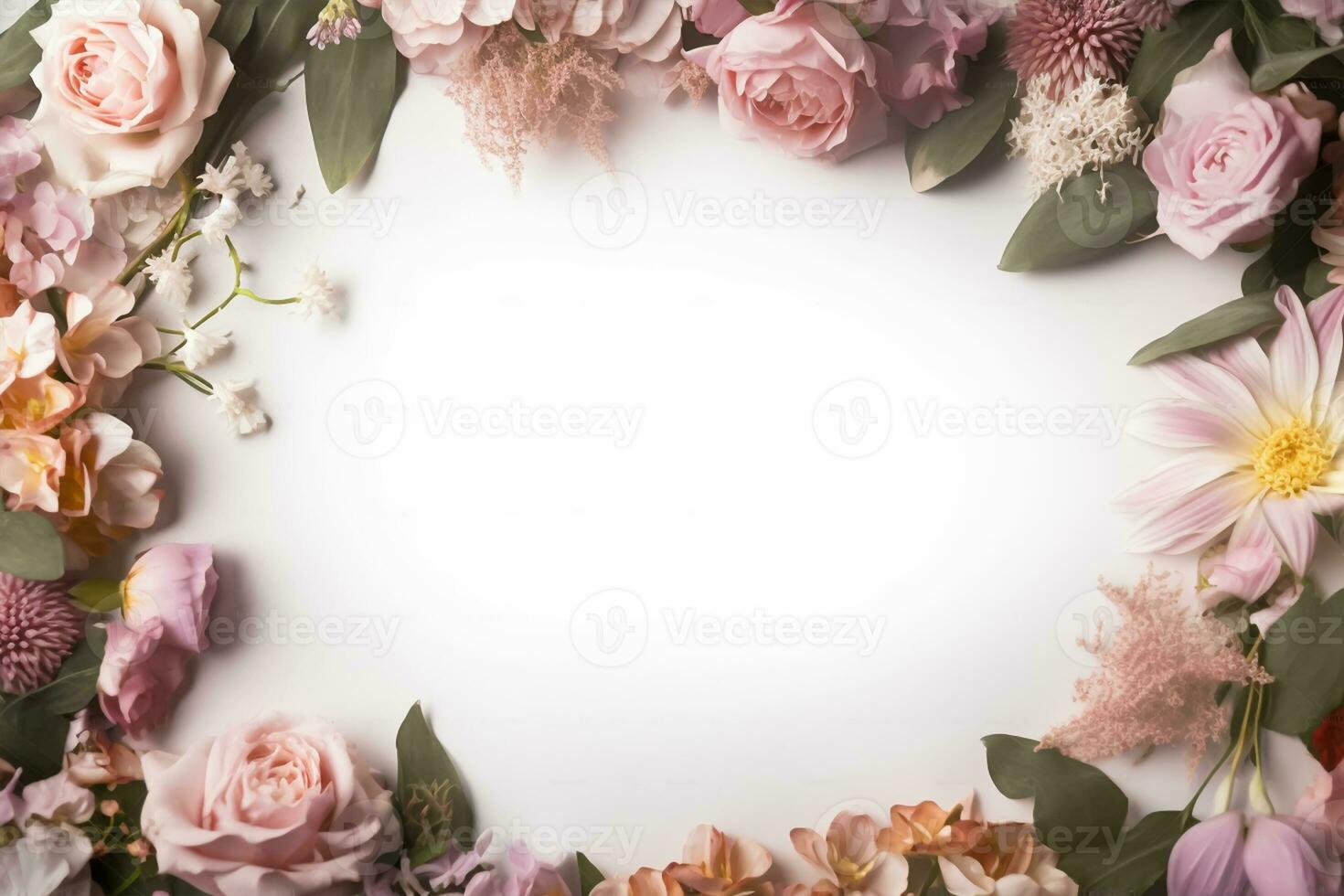 mooi bloemen kader Aan wit achtergrond, vlak leggen. ruimte voor tekst foto