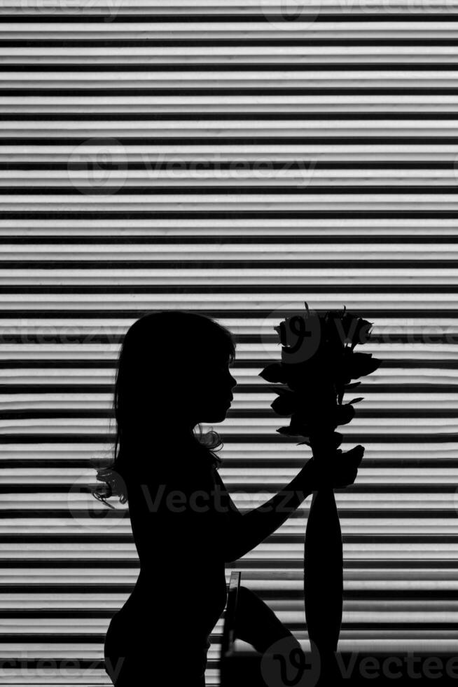 een silhouet van een meisje Holding een vaas van bloemen foto