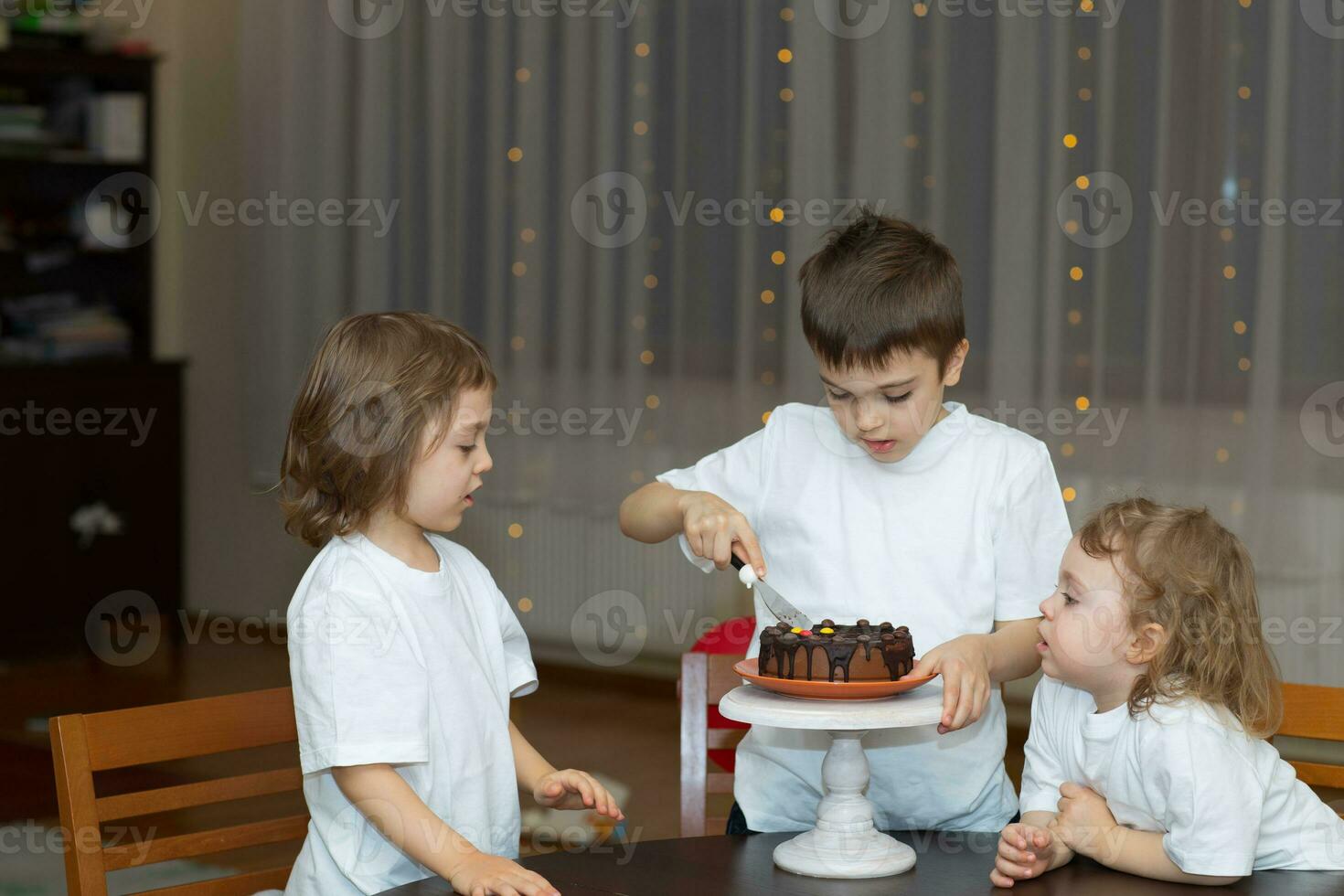 een groep van kinderen zittend in de omgeving van een tafel met een taart foto