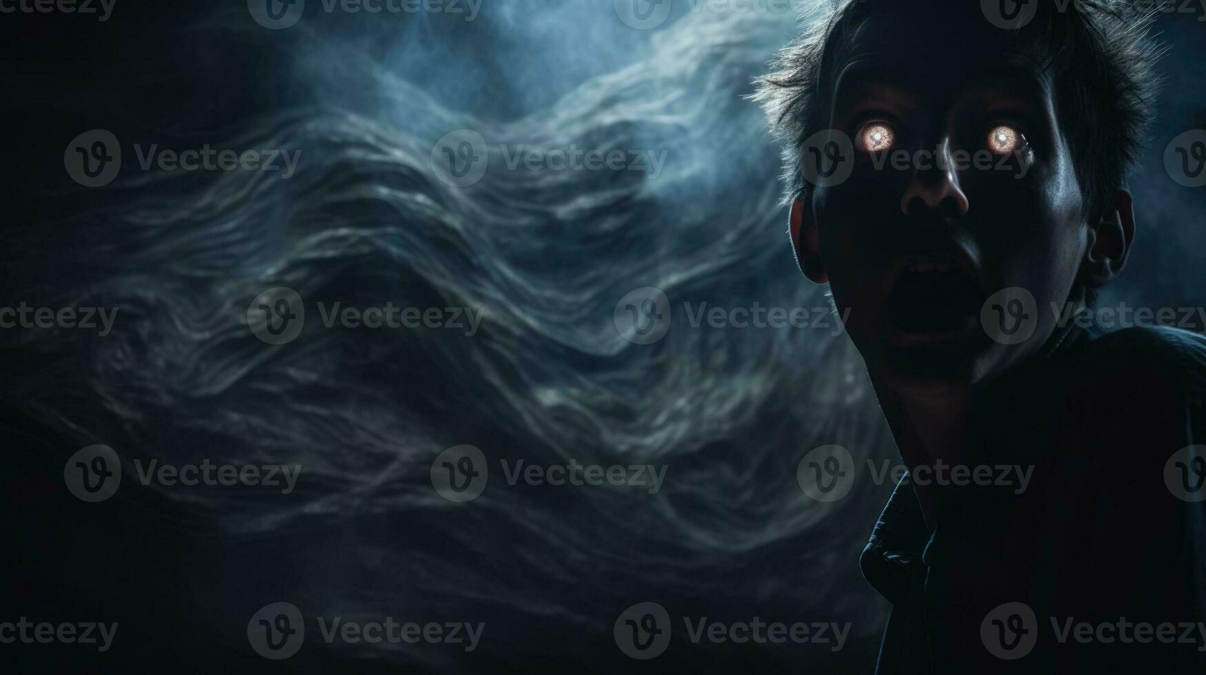 wezen achtervolgd door een monster geschokt gezicht van een persoon donker achtergrond met een plaats voor tekst fotorealisme foto