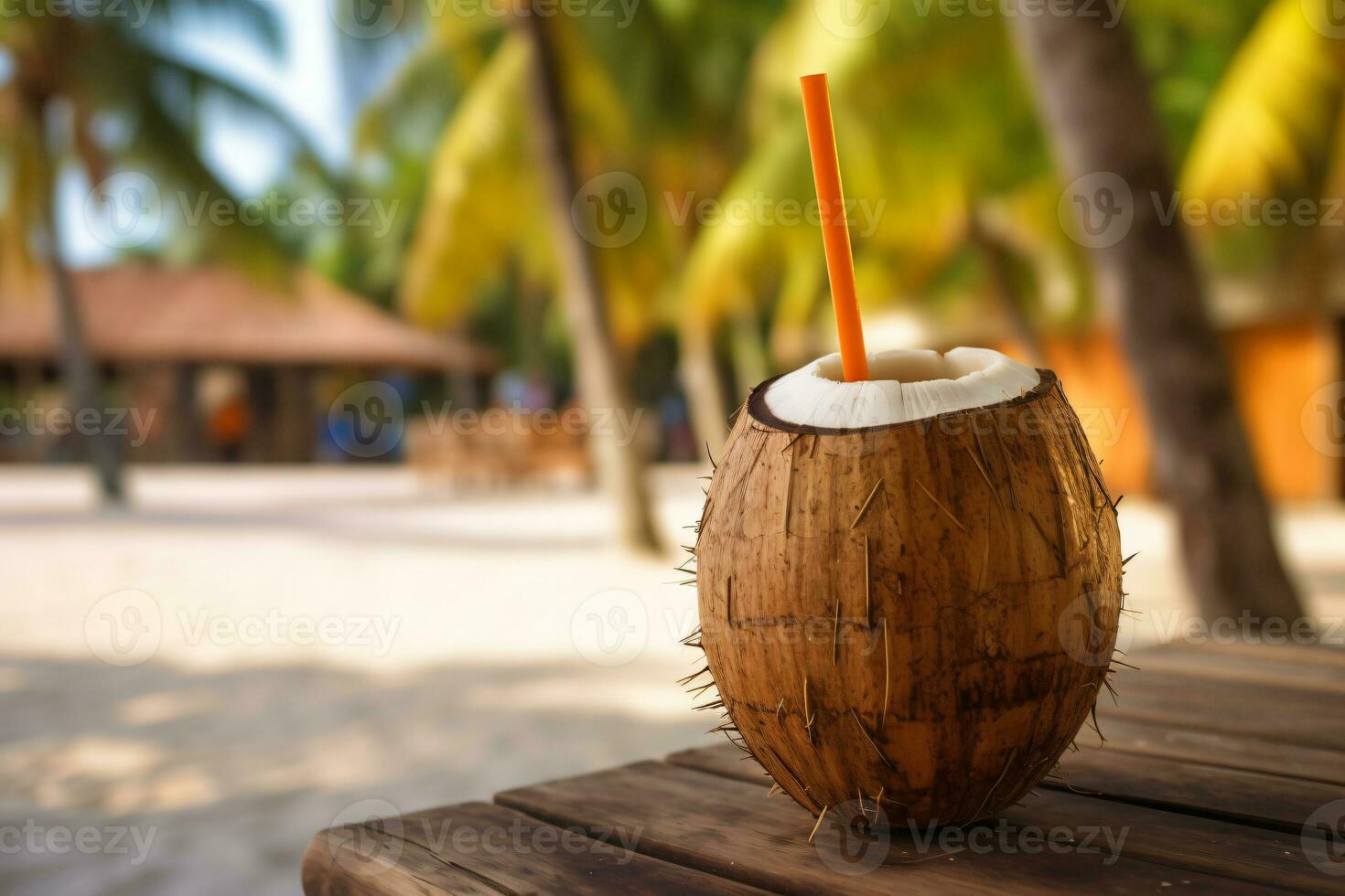 vrij foto kokosnoot cocktail met drinken rietje Aan een palm boom in de strand fotografie ai genereren