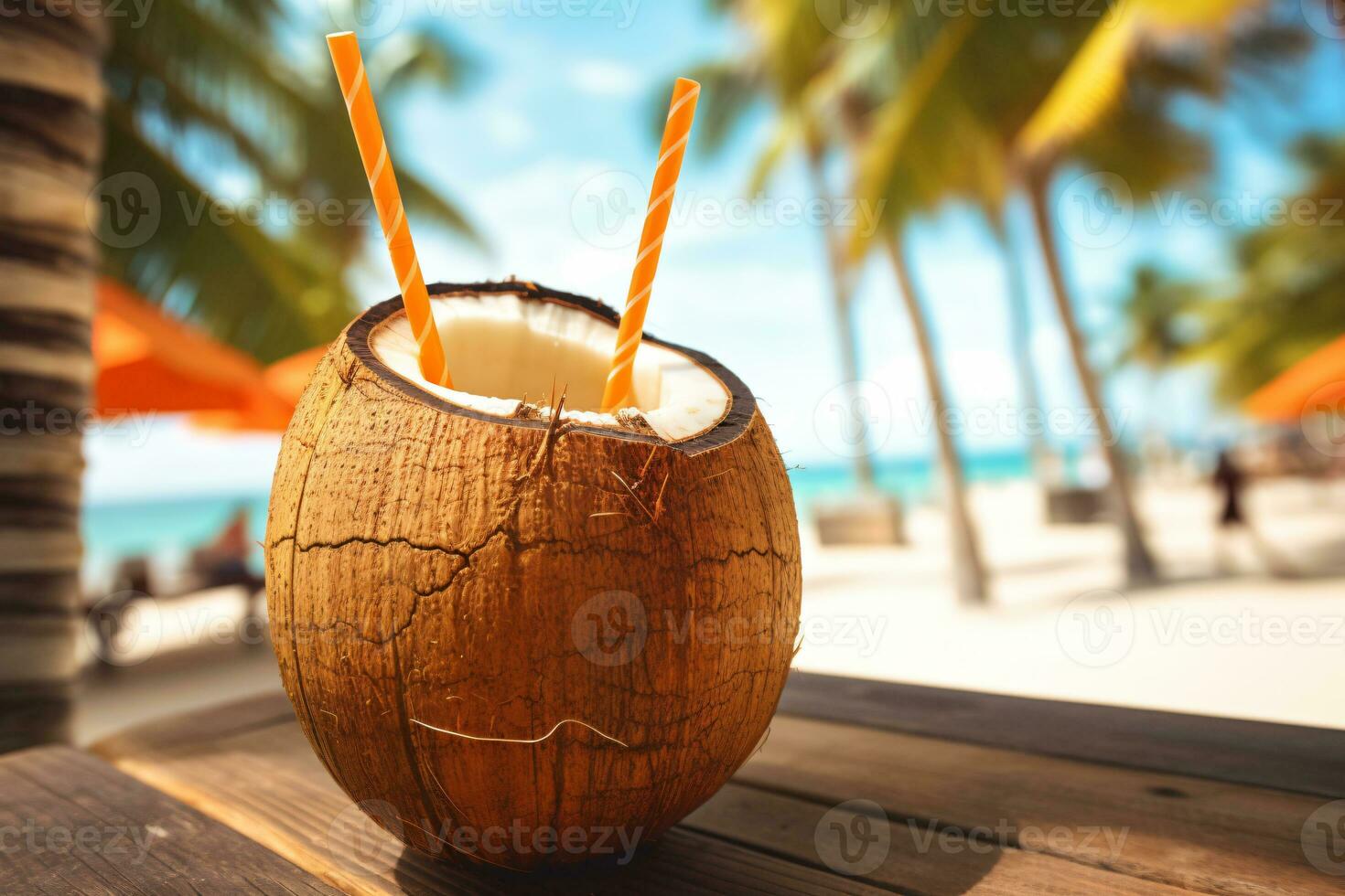 vrij foto kokosnoot cocktail met drinken rietje Aan een palm boom in de strand fotografie ai genereren