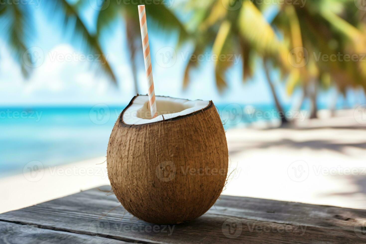 vrij foto kokosnoot cocktail met drinken rietje Aan een palm boom in de strand fotografie ai genereren