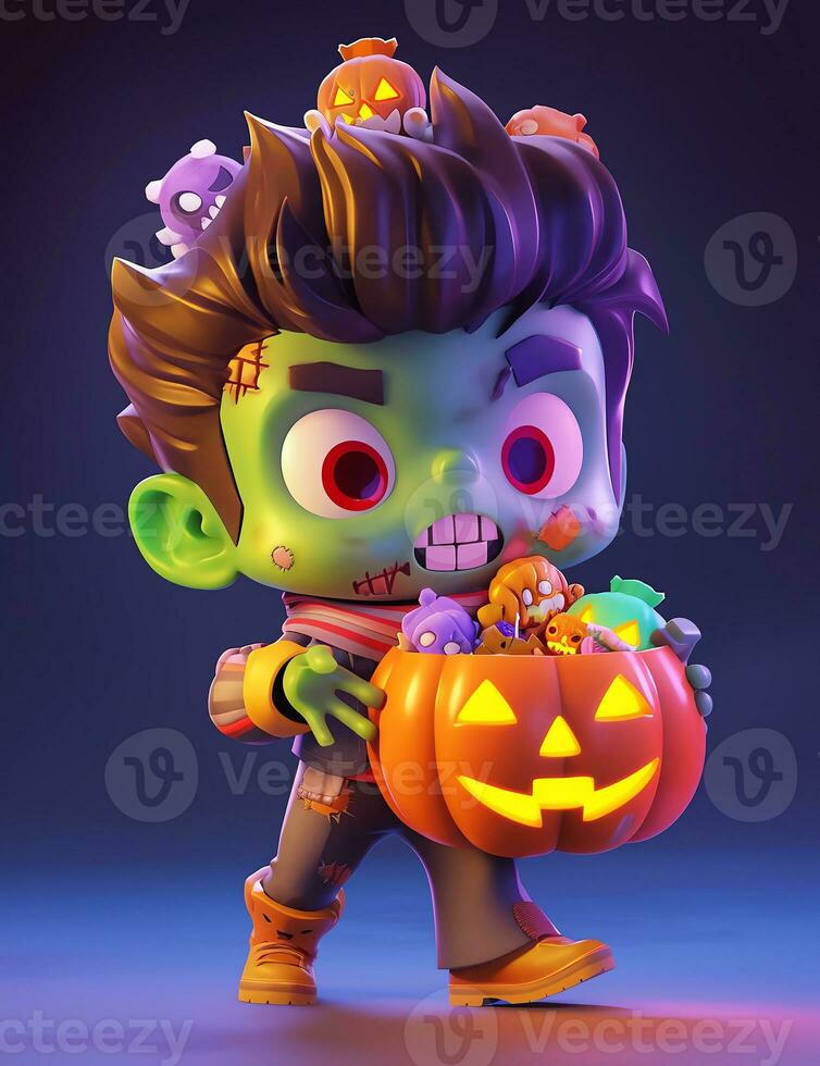 3d schattig weinig jongen met grappig zombie kostuum voor halloween partij foto