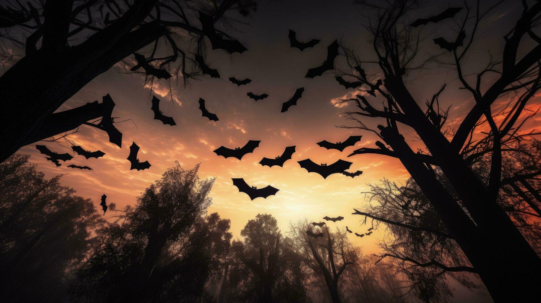 halloween motieven groep van vleermuizen neergestreken Aan een boom. silhouet concept foto