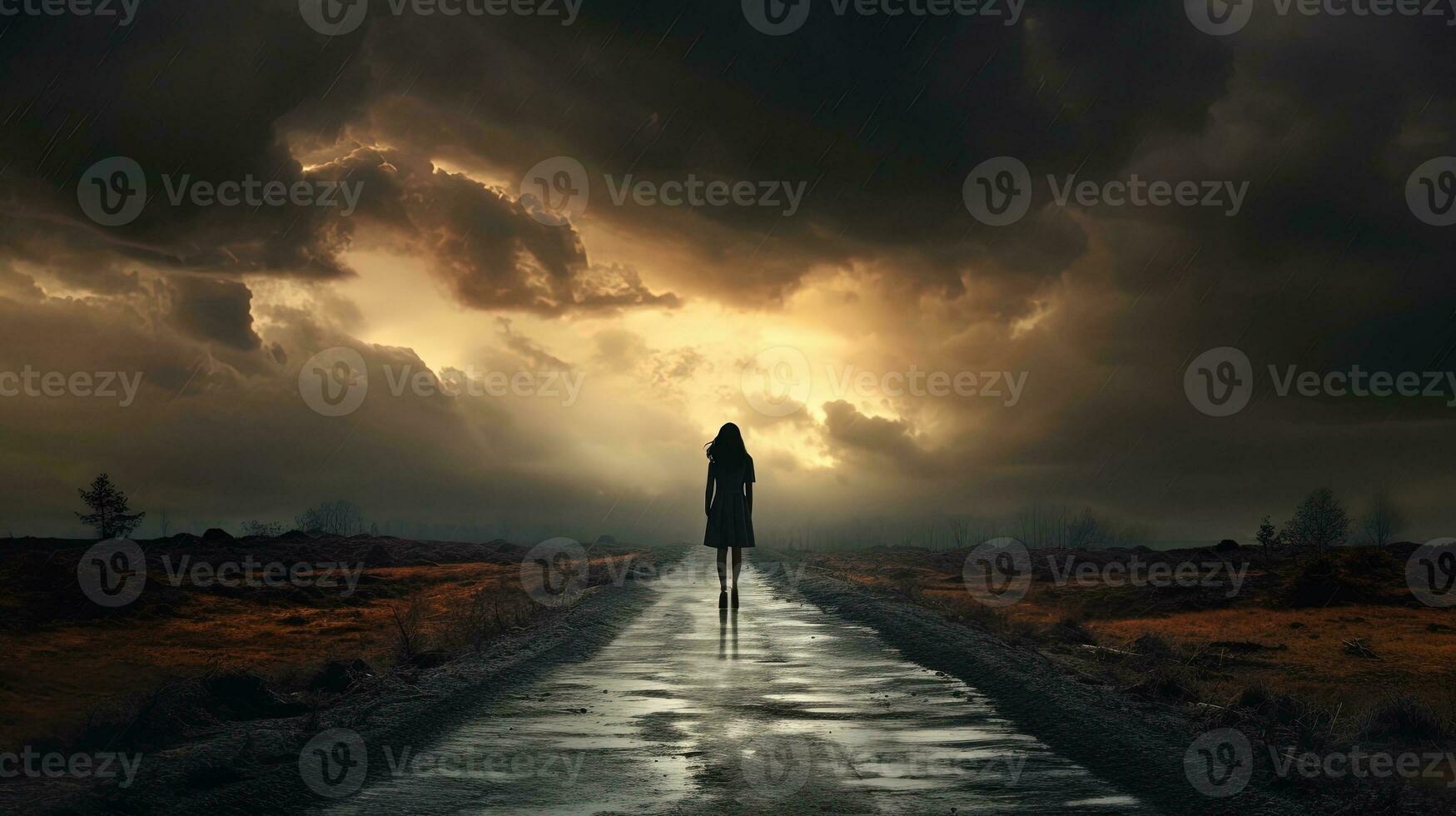 eenzaam vrouw in natuurlijk omgeving Aan een bewolkt dag met een weg. silhouet concept foto