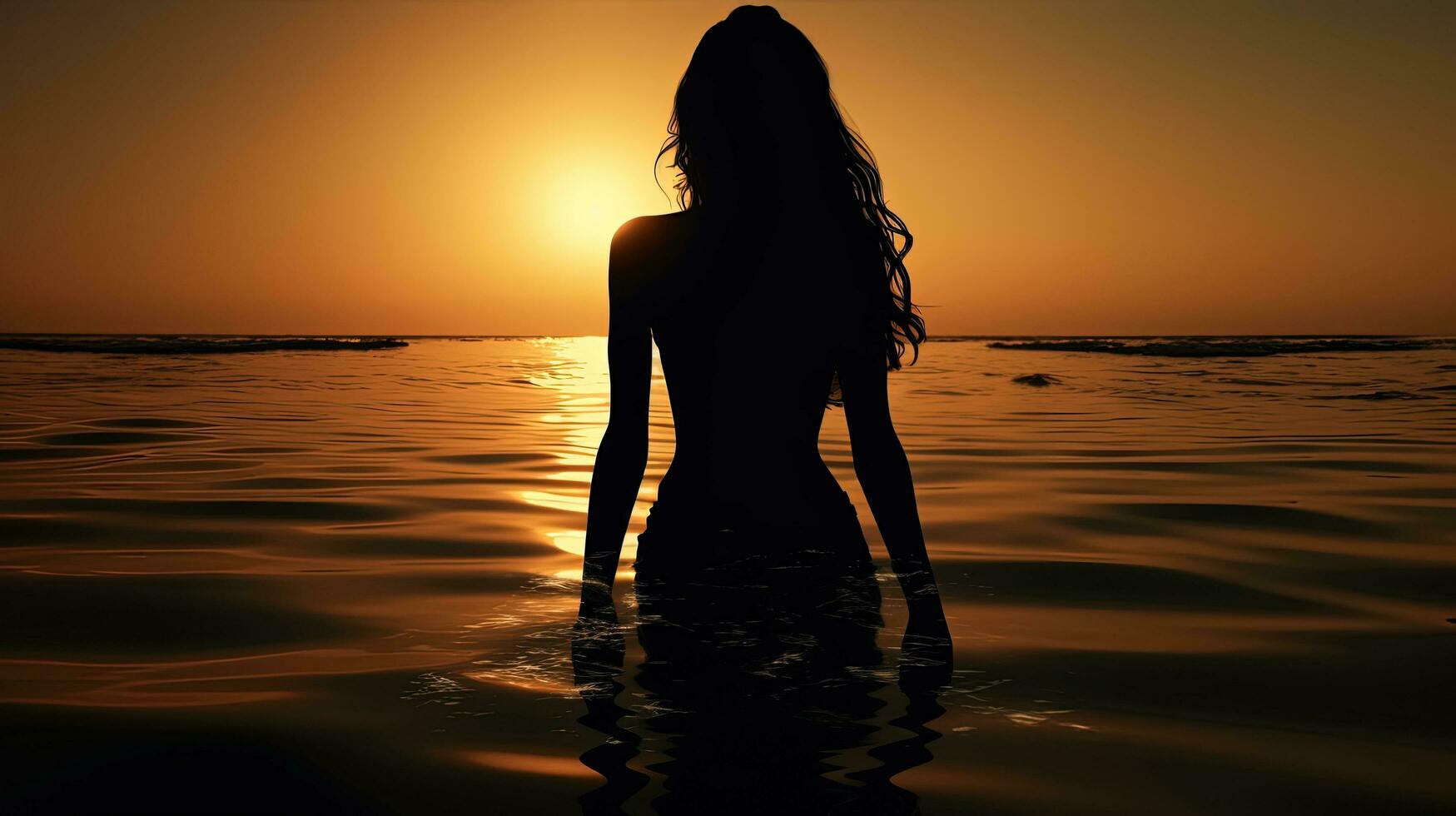 een vrouw is bewonderend haar reflectie in de zonlicht Aan de zee. silhouet concept foto