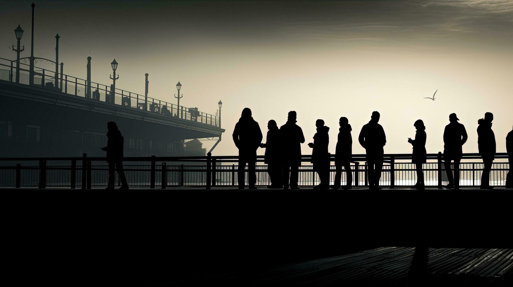 donker figuren van individuen Aan Scarborough pier. silhouet concept foto