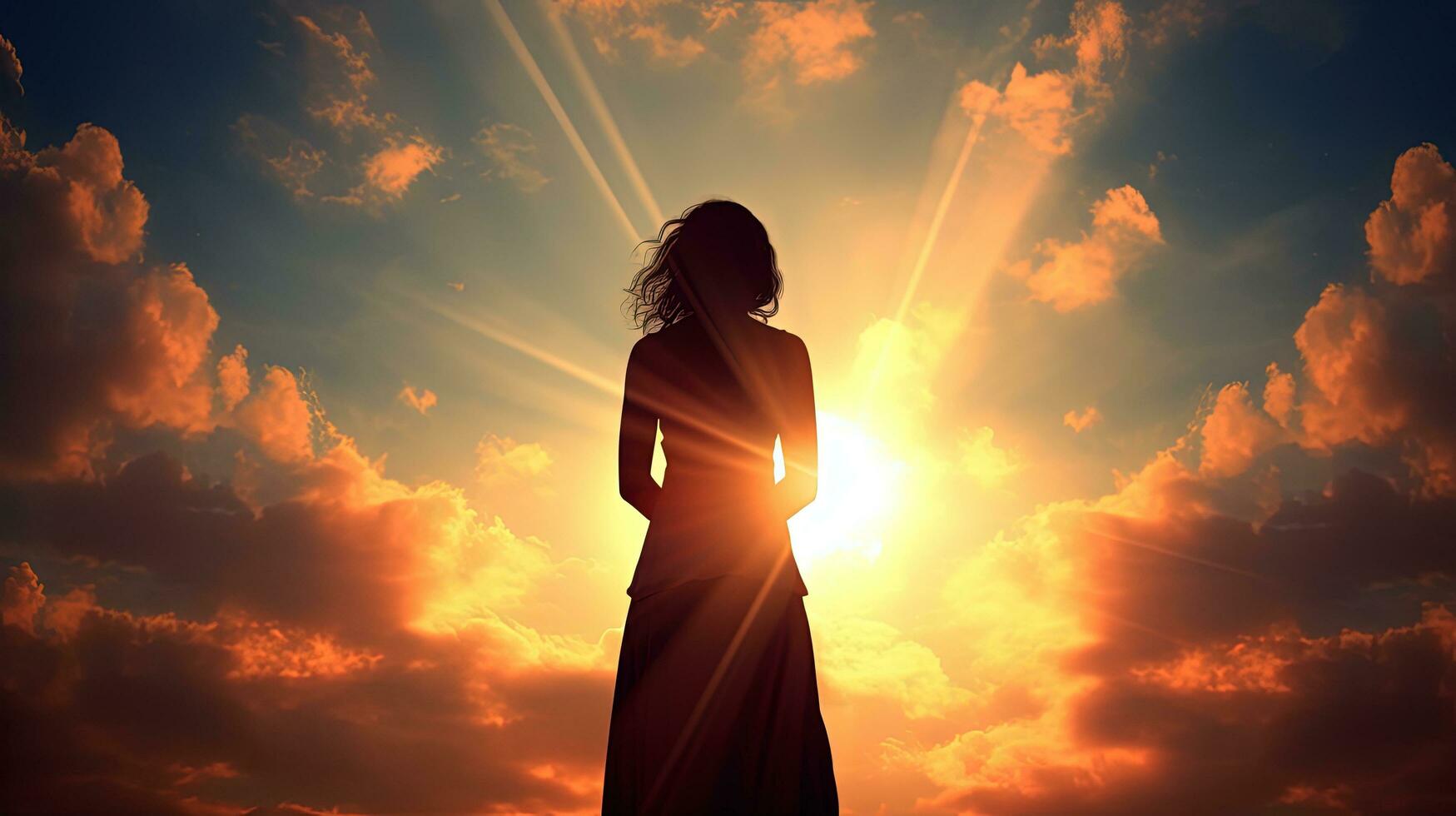 vrouw bidden met lucht achtergrond. silhouet concept foto