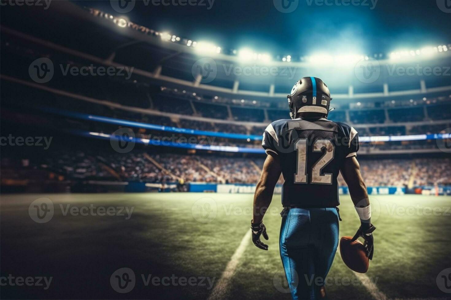 Amerikaans Amerikaans voetbal speler klaar naar Speel Bij reusachtig stadion foto