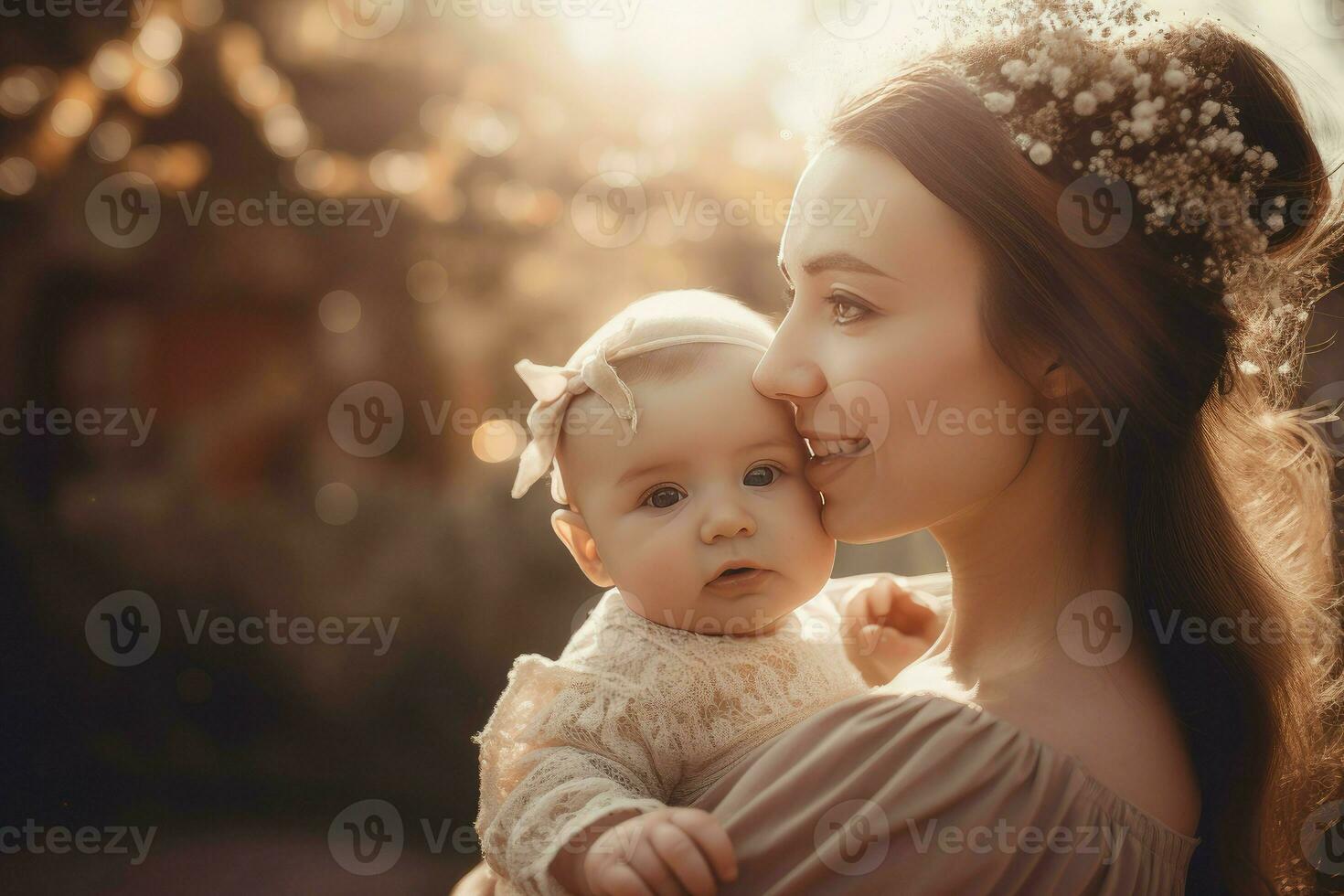 gelukkig moeder baby natuur. genereren ai foto