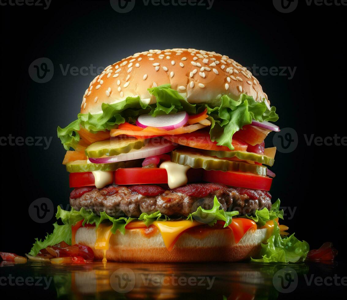 de perfect Hamburger met kaas, spek, augurken, tomaat, uien en sla. gemaakt met generatief ai foto