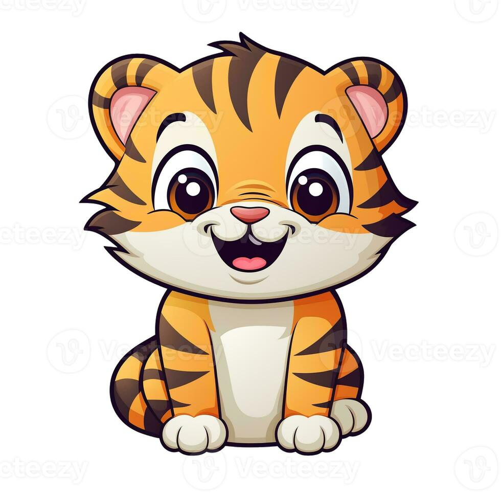 een schattig tekenfilm illustratie van een zittend weinig tijger. kinderen talisman. foto