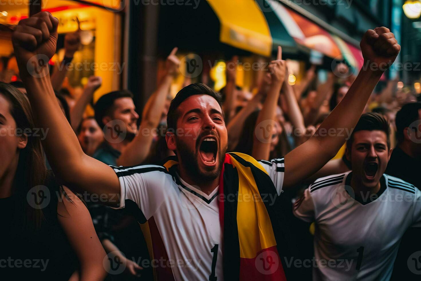 Duitse Amerikaans voetbal fans vieren een zege foto