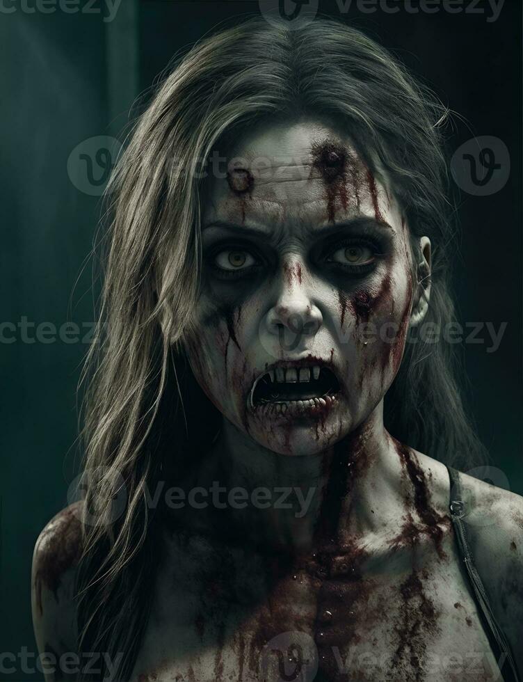 schaars zombie met bloederig gezicht buitenshuis, detailopname. halloween monster foto