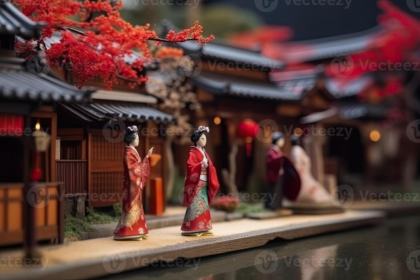 miniatuur geisha in kimono. Japans Aziatisch diorama. klein vrouw in traditioneel kostuum gemaakt met generatief ai technologie foto