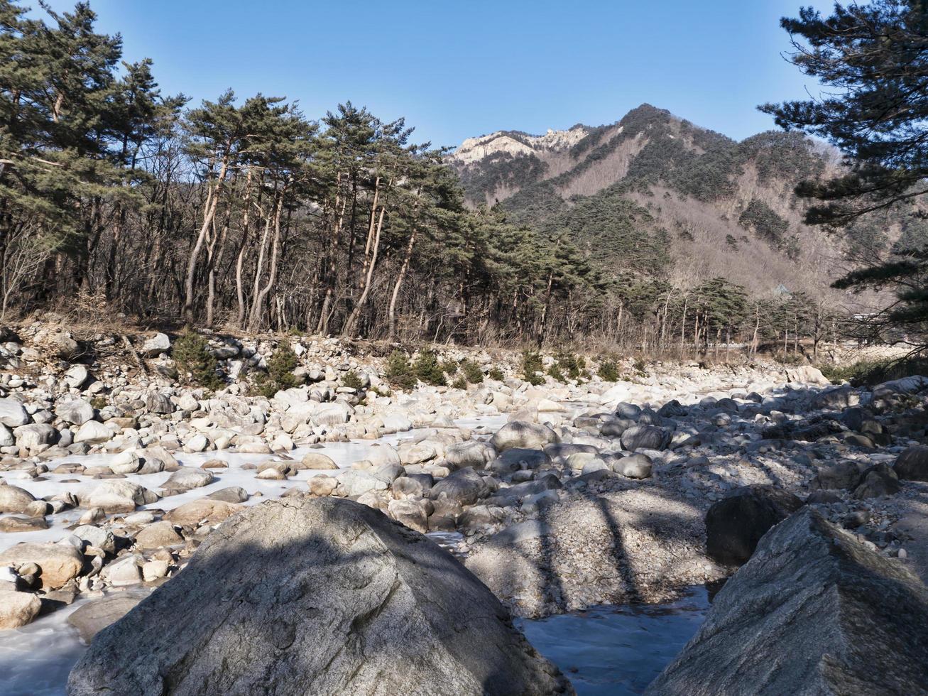 bevroren bergrivier in het nationale park van Seoraksan, Zuid-Korea foto