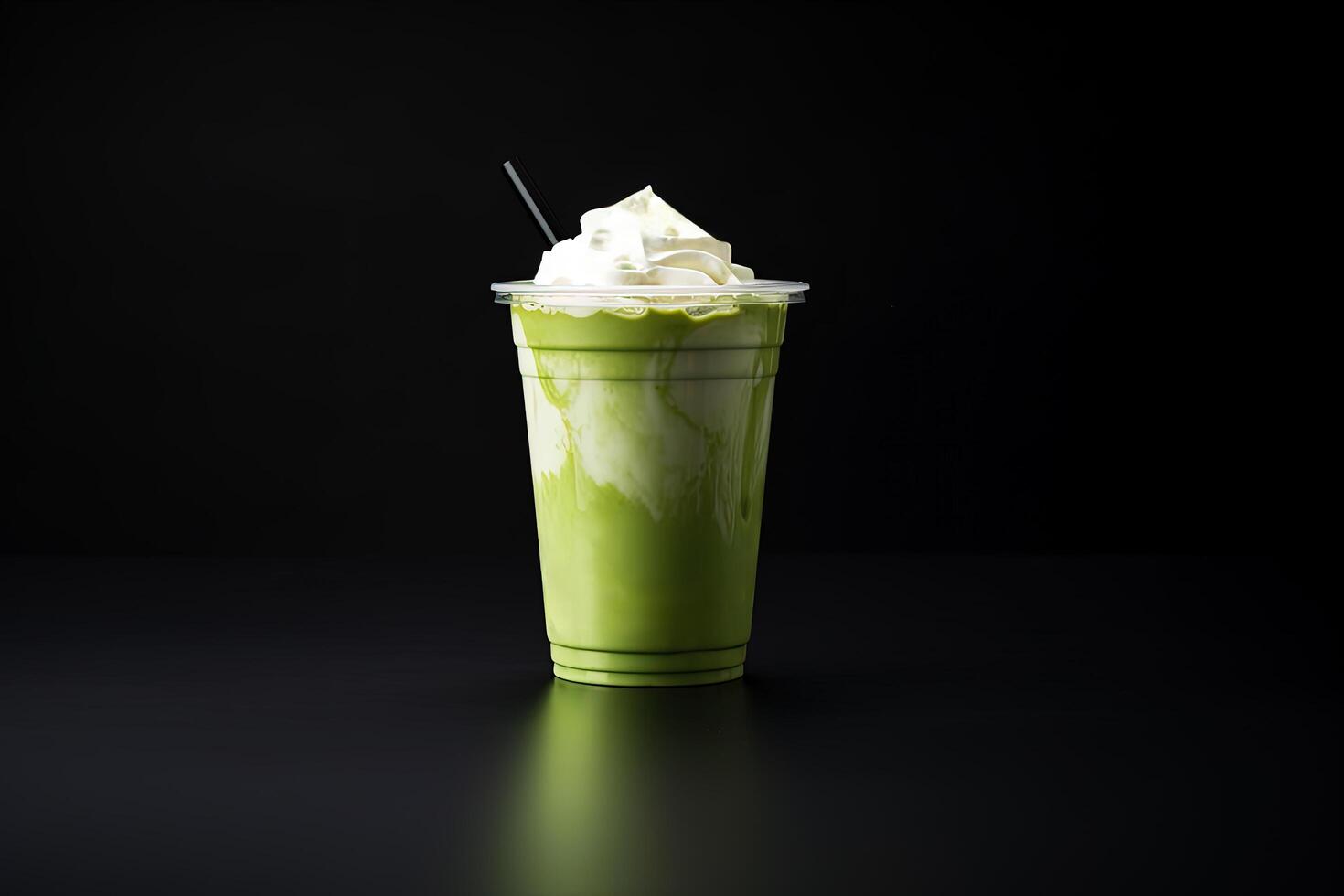 groen thee frappucino met geslagen room in een meenemen kop geïsoleerd Aan donker achtergrond. ai gegenereerd foto