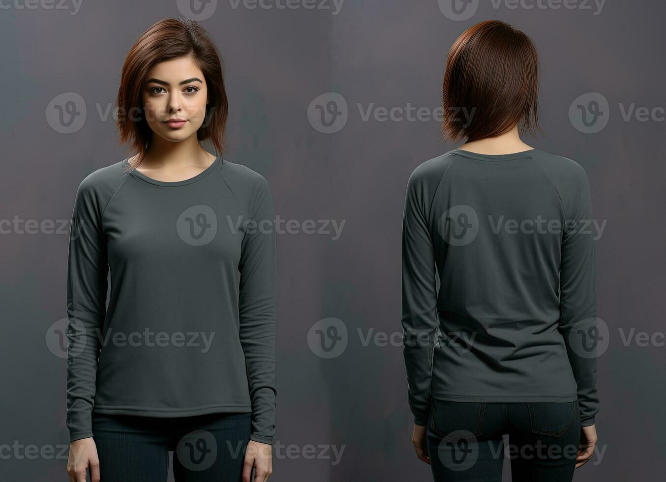vrouw vervelend een grijs t-shirt met lang mouwen. voorkant en terug visie. ai gegenereerd foto