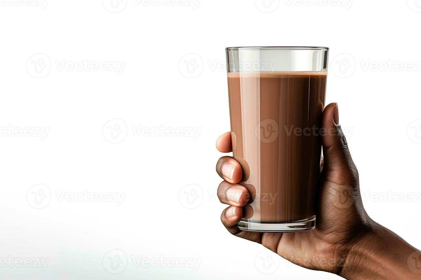 hand- Holding een glas van heerlijk chocola melk geïsoleerd Aan wit achtergrond met kopiëren ruimte. ai gegenereerd foto