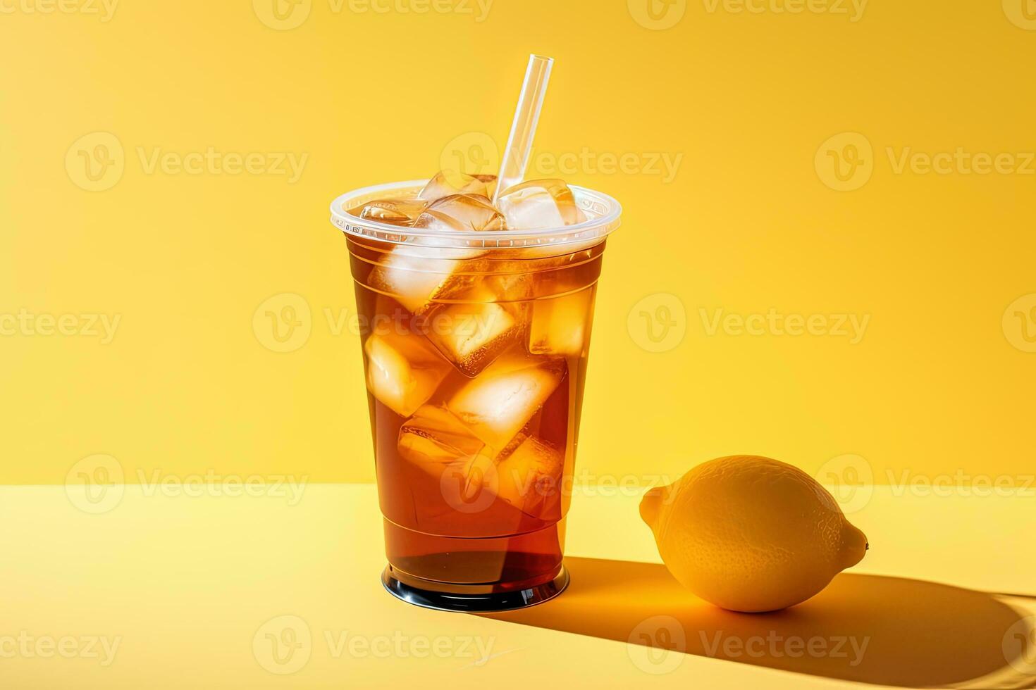 bevroren citroen thee Aan plastic meenemen glas. ai gegenereerd foto